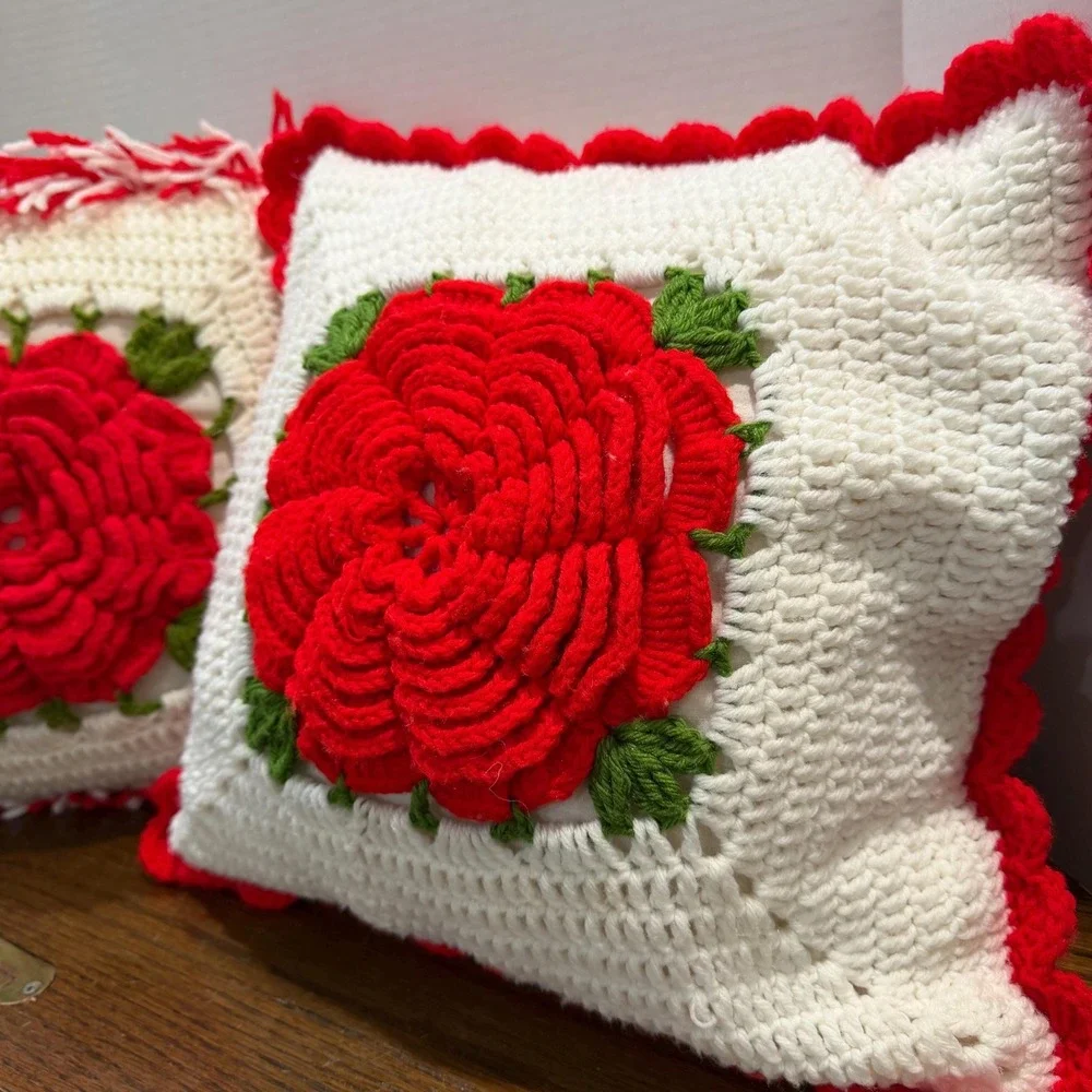Vintage Handmade Crochet 3D‎ Rose Throw Pillows Set of 2 White & Red